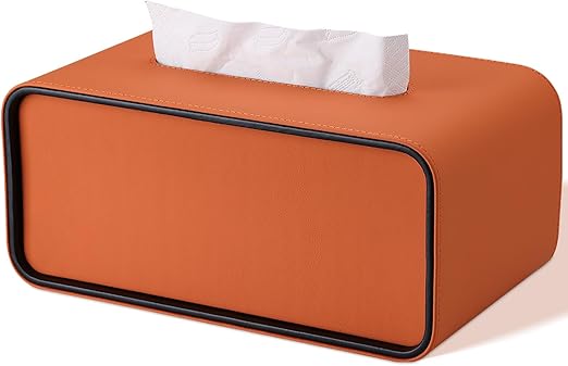 ティッシュケース 洗練されたデザインの革製ティッシュボックス ティッシュカバー 高級 PUレザー 丸みを帯びたエッジ、3色展開 (オレンジ)